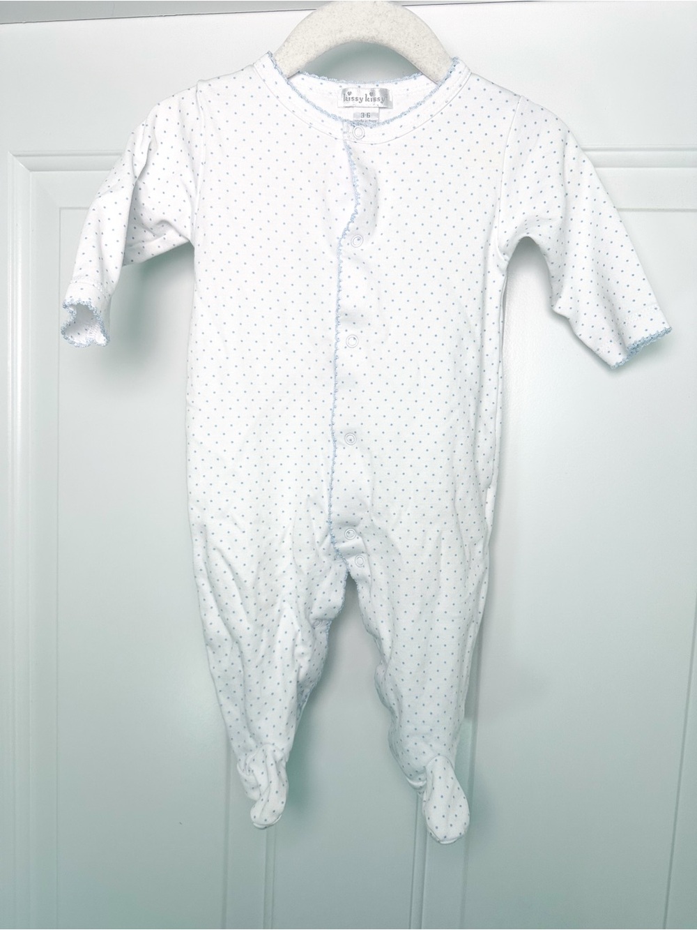 Kissy Kissy blue white polka dot footie 3-6m